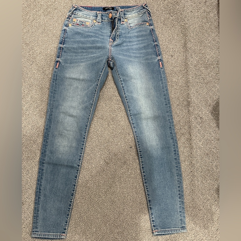 True Religion Low Rise Skinny Pink Stitching Jeans